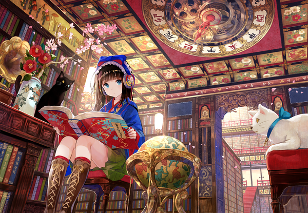 Anime picture 1241x859 with original fuzichoco long hair looking at viewer blush fringe blue eyes black hair sitting holding bent knee (knees) indoors blunt bangs traditional clothes japanese clothes pleated skirt from below cherry blossoms floral print light