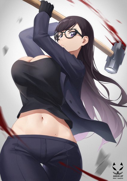 Anime picture 1500x2122 with summertime render minakata hizuru shadow cat single long hair tall image looking at viewer breasts light erotic black hair large breasts purple eyes signed cleavage open clothes mole from below midriff mole under mouth bloody weapon