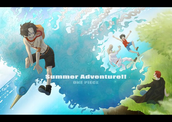 Anime picture 2000x1417 with one piece toei animation monkey d. luffy portgas d. ace shanks marco (one piece) thatch fumita (artist) highres open mouth black hair white hair red hair looking back multiple boys copyright name topless flying clothes on shoulders boy