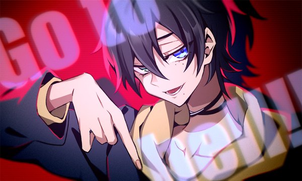 Anime picture 1200x720 with hypnosis mic yamada saburou pira 811 single looking at viewer fringe short hair open mouth black hair hair between eyes wide image upper body fingernails mole mole under eye heterochromia text english mole under mouth boy