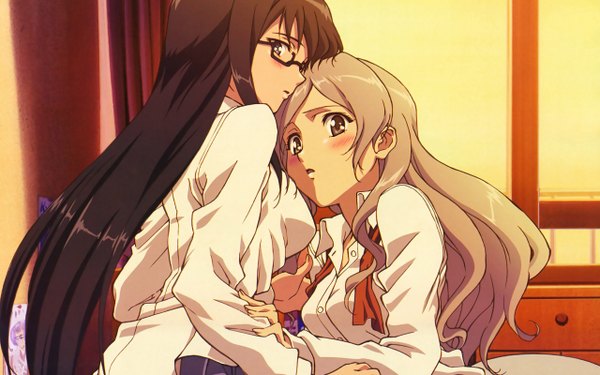 Anime picture 2560x1600 with looking at viewer blush highres wide image shoujo ai glasses sasameki koto sumika murasame ushio kazama
