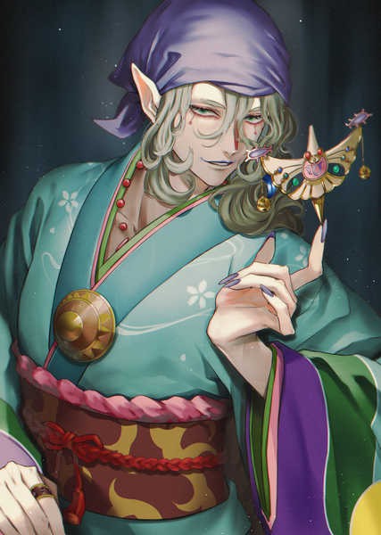 Anime picture 2136x3000 with mononoke toei animation kusuriuri (mononoke) sugsusug single long hair tall image looking at viewer fringe highres smile hair between eyes green eyes upper body nail polish traditional clothes japanese clothes fingernails pointy ears grey hair