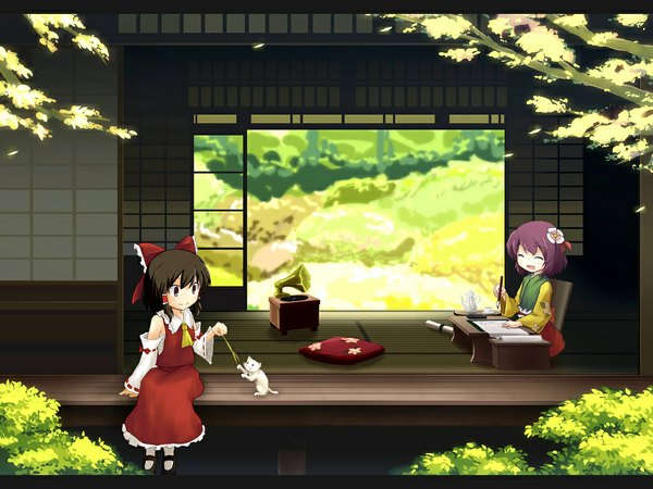 Anime picture 1024x768 with touhou hakurei reimu hieda no akyuu open mouth smile red eyes brown hair sitting multiple girls purple hair eyes closed traditional clothes hair flower miko playing girl hair ornament flower (flowers) 2 girls plant (plants)