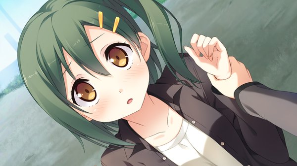 Anime picture 1920x1080 with your diary enomoto kaho kantoku single long hair looking at viewer blush highres open mouth wide image brown eyes game cg green hair one side up girl