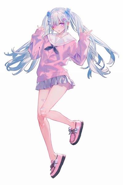 Anime picture 1731x2598 with original hirota tsuu single long hair tall image looking at viewer fringe highres simple background white background twintails silver hair full body pink eyes hair over one eye bare legs legs bandaid on leg bandaid on knee long legs