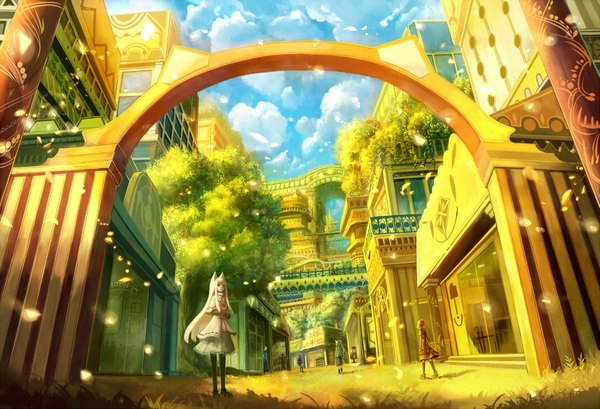 Anime picture 2145x1465 with original bounin long hair fringe highres blonde hair standing multiple girls animal ears sky cloud (clouds) outdoors sunlight sparkle shadow from below fox ears city silhouette ambiguous gender