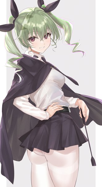 Anime picture 1125x2048 with girls und panzer anchovy (girls und panzer) mexif single long hair tall image looking at viewer fringe light erotic smile hair between eyes purple eyes twintails ass pleated skirt looking back green hair hand on hip grin drill hair