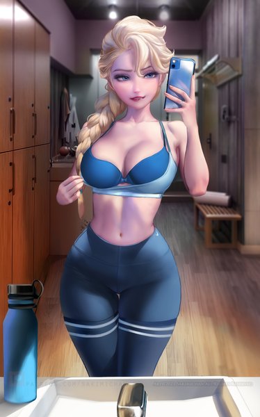 Anime picture 2180x3500 with frozen (disney) disney elsa (frozen) sakimichan single long hair tall image fringe highres breasts blue eyes light erotic blonde hair hair between eyes large breasts standing holding looking away cleavage indoors