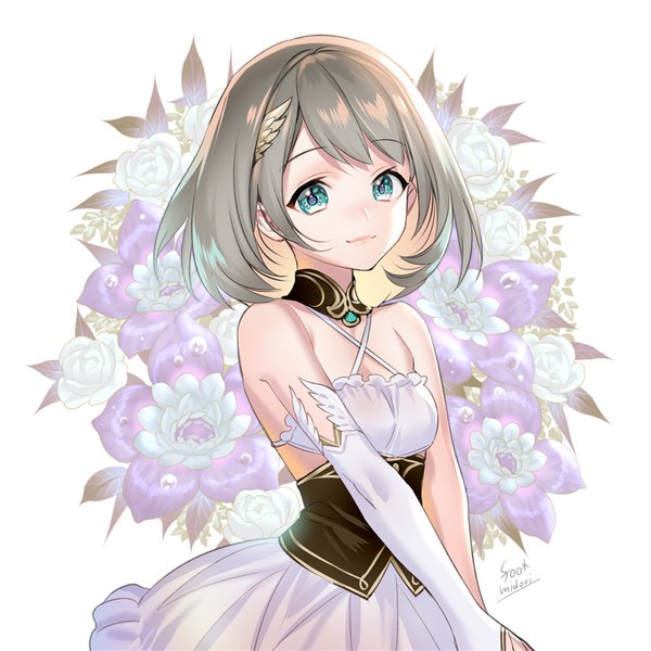 Anime picture 800x800 with original midori foo single looking at viewer fringe short hair smile standing white background bare shoulders signed aqua eyes grey hair floral background girl dress gloves hair ornament flower (flowers) choker