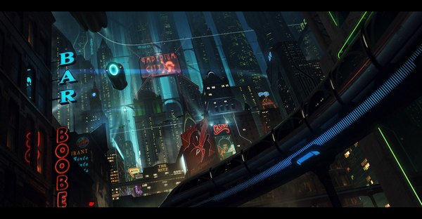 Anime picture 1650x859 with andreewallin (artist) wide image night wallpaper city letterboxed city lights science fiction building (buildings) skyscraper train