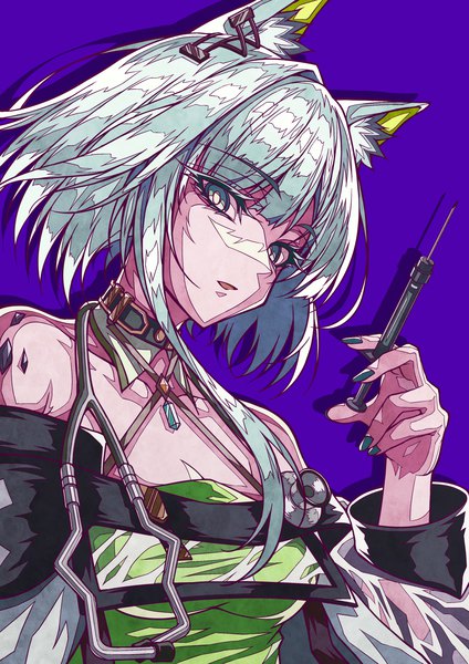 Anime picture 2480x3508 with arknights kal'tsit (arknights) shokikanes single tall image looking at viewer highres short hair simple background animal ears silver hair upper body nail polish from below silver eyes purple background oripathy lesion (arknights) girl syringe