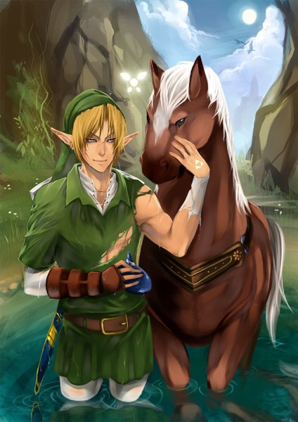 Anime picture 1131x1600 with the legend of zelda nintendo link yaichino (artist) single tall image short hair blue eyes blonde hair cloud (clouds) pointy ears torn clothes scar elf boy plant (plants) animal water bird (birds) musical instrument
