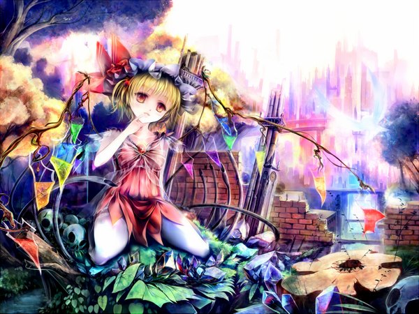 Anime picture 1500x1125 with touhou flandre scarlet tenhenoboru single looking at viewer short hair blonde hair red eyes finger to mouth girl dress plant (plants) wings tree (trees) bonnet skull crystal