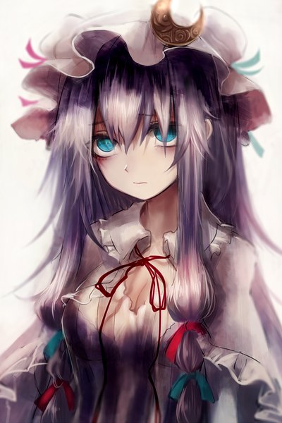 Anime picture 968x1452 with touhou patchouli knowledge maho moco single long hair tall image looking at viewer fringe blue eyes simple background white background purple hair alternate eye color girl ribbon (ribbons) hair ribbon bonnet moon (symbol)