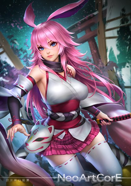 Anime picture 800x1132 with honkai impact 3rd benghuai xueyuan honkai (series) yae sakura nudtawut thongmai single long hair tall image looking at viewer blush fringe breasts blue eyes hair between eyes standing signed animal ears payot pink hair bent knee (knees)