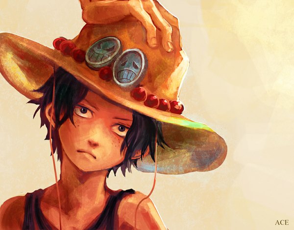 Anime picture 1039x816 with one piece toei animation portgas d. ace tsuyomaru single short hair black hair simple background bare shoulders black eyes inscription looking up alternate age freckles younger boy hat
