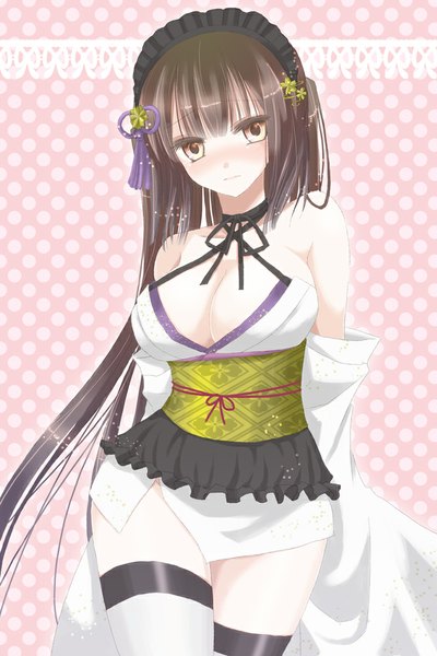 Anime picture 667x1000 with original hiroharu single long hair tall image blush breasts light erotic black hair large breasts yellow eyes girl detached sleeves headdress obi