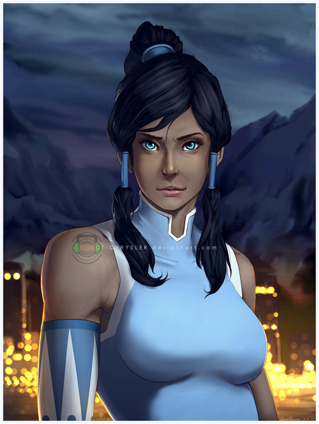 Anime picture 800x1061 with avatar: the legend of korra korra single long hair tall image breasts blue eyes blue hair ponytail lips night dark skin watermark mountain girl hair tubes