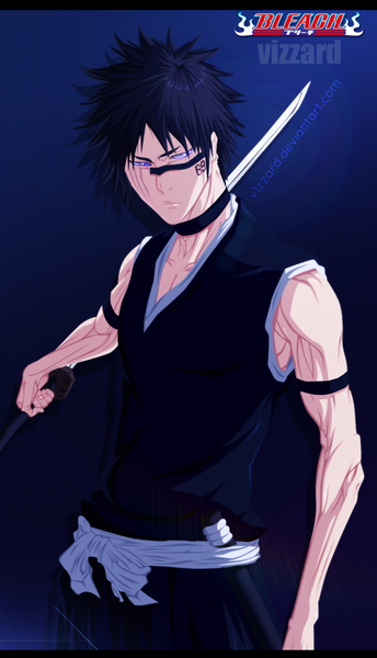 Anime picture 900x1569 with bleach studio pierrot hisagi shuuhei blazing-wizard single tall image short hair black hair simple background purple eyes traditional clothes japanese clothes inscription tattoo sleeveless coloring blue background muscle boy weapon