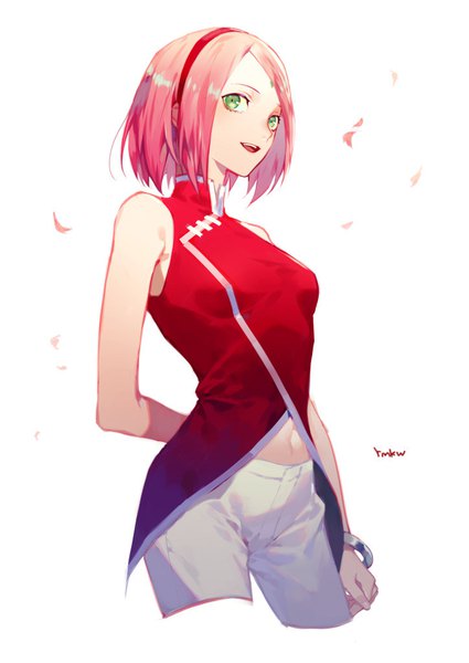 Anime picture 724x1023 with naruto studio pierrot naruto (series) haruno sakura yamakawa single tall image looking at viewer short hair open mouth simple background white background bare shoulders green eyes signed pink hair traditional clothes :d sleeveless chinese clothes