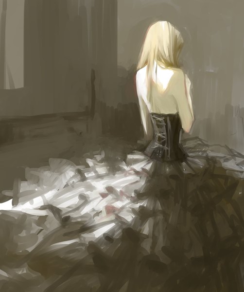 Anime picture 1291x1541 with original tsubu mikan single long hair tall image blonde hair bare shoulders indoors from behind back girl dress black dress corset wall