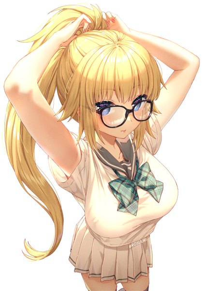 Anime-Bild 800x1132 mit fate (series) fate/grand order fate/apocrypha jeanne d'arc (fate) (all) jeanne d'arc (fate) rosuuri single long hair tall image looking at viewer blush fringe breasts blue eyes simple background blonde hair large breasts standing white background signed