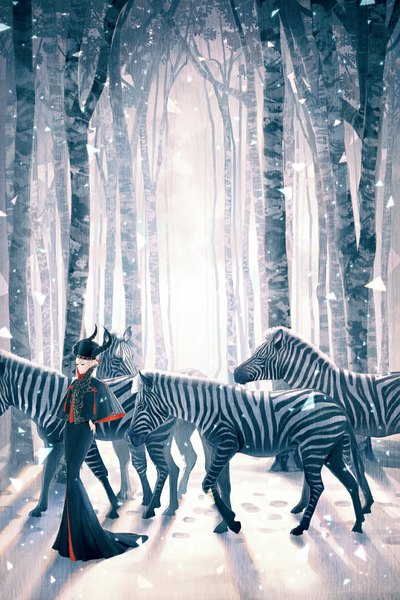 Anime picture 667x1000 with original suda ayaka single tall image fringe blonde hair shadow hand on hip walking girl dress plant (plants) hat animal tree (trees) cape forest zebra