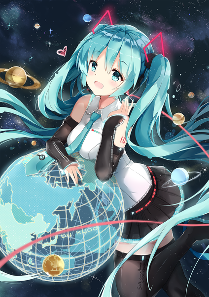 イラスト 1442x2039 と ボーカロイド 初音ミク あさひクロイ ソロ 長身像 カメラ目線 赤面 前髪 highres 開いた口 hair between eyes 立つ ツインテール 肩出し signed payot very long hair pleated skirt aqua eyes aqua hair