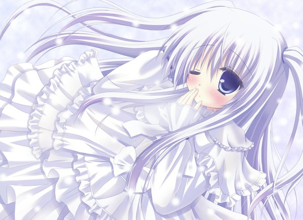 Anime picture 1429x1041 with original shimotsuki keisuke long hair blush blue eyes twintails white hair one eye closed wink loli girl dress