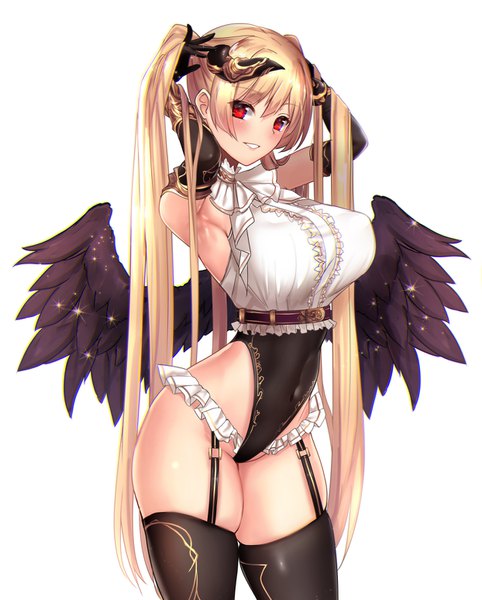 Anime picture 1244x1548 with original fallen angel (untsue) untue single long hair tall image looking at viewer blush fringe breasts light erotic blonde hair simple background smile hair between eyes red eyes large breasts standing white background twintails