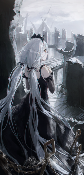 Anime picture 968x2004 with original matsogum single tall image twintails signed looking away silver hair very long hair from behind low twintails ruins girl dress ribbon (ribbons) hair ribbon detached sleeves black dress tiara