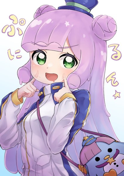 Anime picture 868x1228 with puniru wa kawaii slime puniru (puniru wa kawaii slime) pizza (pizzania company) single long hair tall image looking at viewer open mouth simple background green eyes purple hair upper body :d hair bun (hair buns) character names monster girl slime girl cheek poke girl hat