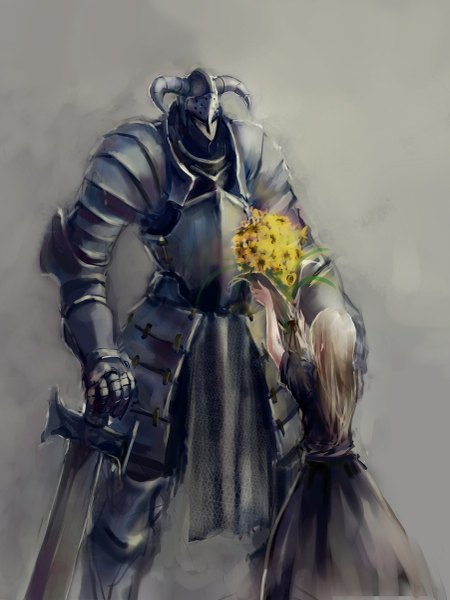 Anime picture 901x1200 with original jittsu long hair tall image simple background blonde hair knight girl dress boy flower (flowers) weapon sword armor