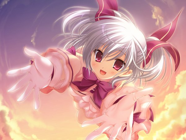 Anime picture 1600x1200 with tasogare no saki ni noboru ashita odawara hakone blush short hair open mouth red eyes game cg cloud (clouds) white hair loli evening sunset girl dress gloves bow hair bow