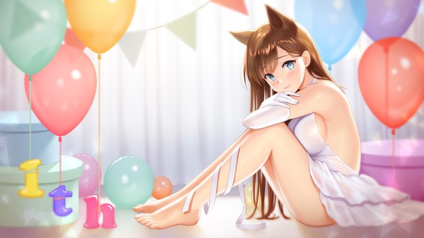 Anime picture 5760x3240 with original re:shimashima single long hair looking at viewer blush fringe highres breasts blue eyes light erotic smile brown hair wide image sitting absurdres full body bent knee (knees) barefoot girl
