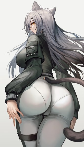 Anime picture 1142x2000 with arknights schwarz (arknights) schwarz (skyline) (arknights) pengnangehao single long hair tall image looking at viewer fringe breasts light erotic simple background standing animal ears yellow eyes ass tail long sleeves animal tail profile