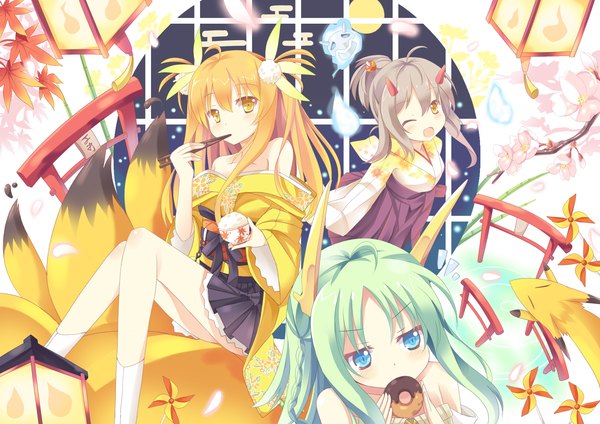 Anime picture 1517x1074 with original nibiiro shizuka long hair blush open mouth blue eyes blonde hair brown hair bare shoulders multiple girls yellow eyes traditional clothes japanese clothes one eye closed horn (horns) green hair wink fox ears fox tail fox girl