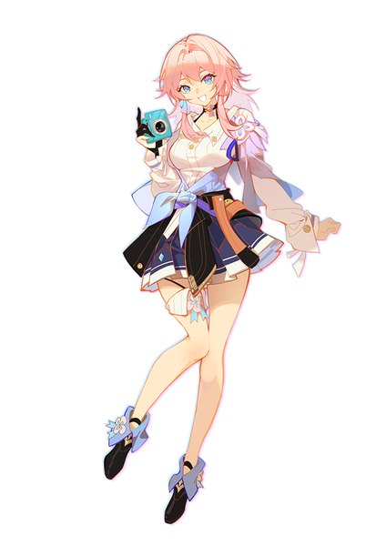 Anime picture 668x945 with honkai: star rail honkai (series) march 7th (honkai: star rail) indai (3330425) single long hair tall image looking at viewer fringe blue eyes simple background smile hair between eyes white background pink hair full body bare legs grin girl camera