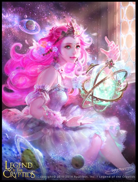 Anime picture 1215x1600 with legend of the cryptids yu-han single long hair tall image green eyes pink hair lips girl dress earrings crown