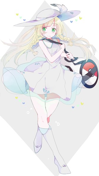 Anime picture 675x1200 with pokemon pokemon sm nintendo lillie (pokemon) matsudamaiko single long hair tall image blonde hair bare shoulders holding green eyes looking away full body braid (braids) twin braids walking girl hat heart