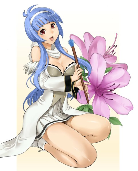 Anime picture 1504x1866 with quiz magic academy satsuki (quiz magic academy) hakaba (dairiseki) single long hair tall image looking at viewer blush open mouth light erotic smile red eyes blue hair girl flower (flowers) cane