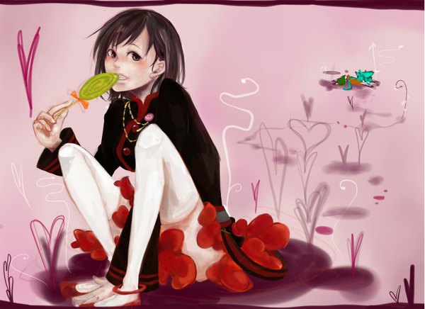 Anime picture 1499x1091 with d.gray-man lenalee lee timothy hearst tagme (artist) long hair short hair black hair simple background sitting green eyes lying aqua hair pink background eating girl thighhighs boy uniform white thighhighs food