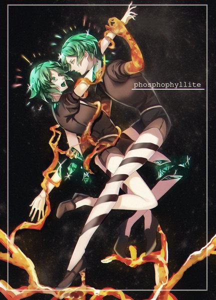 Anime-Bild 1000x1389 mit houseki no kuni phosphophyllite pirika (rm0315) tall image short hair open mouth green eyes profile green hair character names border black background dual persona androgynous spoilers amputee wrist grab uniform gold