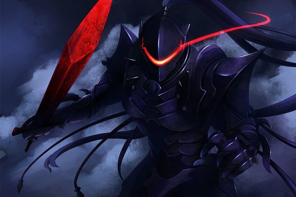 Anime picture 1175x785 with fate (series) fate/zero type-moon berserker (fate/zero) single dark background fighting stance glow boy weapon sword armor helmet