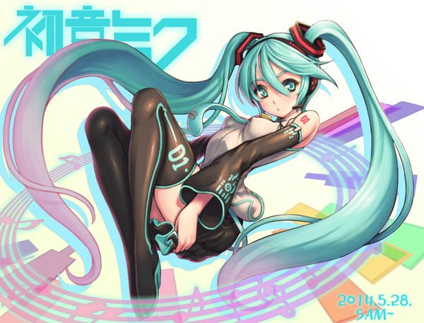 Anime picture 2100x1600 with vocaloid hatsune miku ecell (artist) single looking at viewer highres light erotic twintails very long hair aqua eyes aqua hair tattoo dated girl skirt detached sleeves necktie headphones