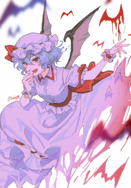 Anime picture 1431x2048 with touhou remilia scarlet noriuma single tall image looking at viewer blush fringe short hair open mouth simple background hair between eyes red eyes white background signed blue hair upper body :d short sleeves fang (fangs)