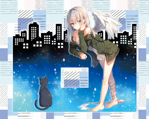 Anime picture 1142x914 with original ciel (toosaka asagi) toosaka asagi single long hair looking at viewer blush fringe hair between eyes standing bare shoulders silver hair long sleeves barefoot aqua eyes off shoulder open jacket sparkle leaning leaning forward