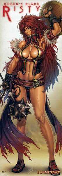 Anime picture 499x1400 with queen's blade risty (queen's blade) tsukasa jun single long hair tall image looking at viewer breasts light erotic standing red hair lips arms up official art tattoo legs character names thighs dark skin scar