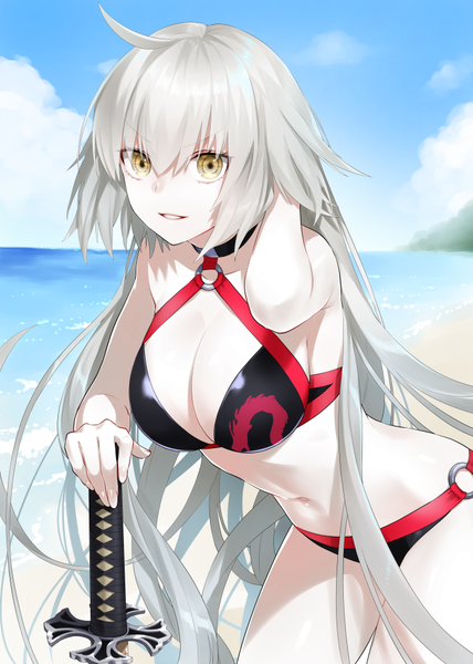 Anime picture 680x954 with fate (series) fate/grand order jeanne d'arc (fate) (all) jeanne d'arc alter (fate) jeanne d'arc alter (swimsuit berserker) (fate) waka (shark waka) single tall image looking at viewer fringe breasts light erotic hair between eyes large breasts standing holding yellow eyes sky cleavage silver hair