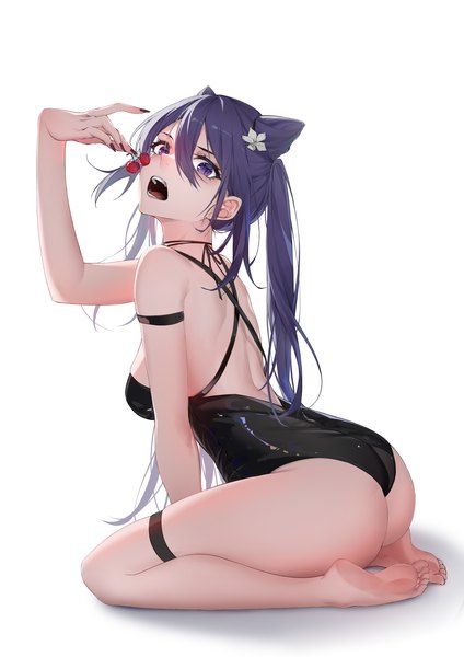 Anime picture 2480x3508 with genshin impact keqing (genshin impact) joehi single long hair tall image looking at viewer fringe highres breasts open mouth light erotic simple background hair between eyes white background sitting purple eyes twintails holding purple hair